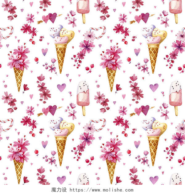 冰淇淋鲜花和红心情人节水彩画日记情人节